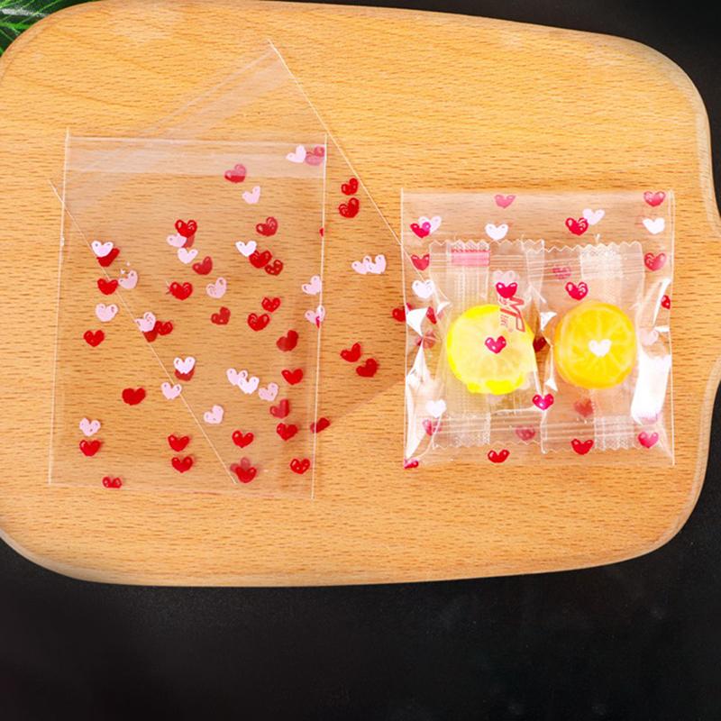 100Pcs Transparent Heart Bags Candy Cookie Self Adhesive Pouch Storage Package