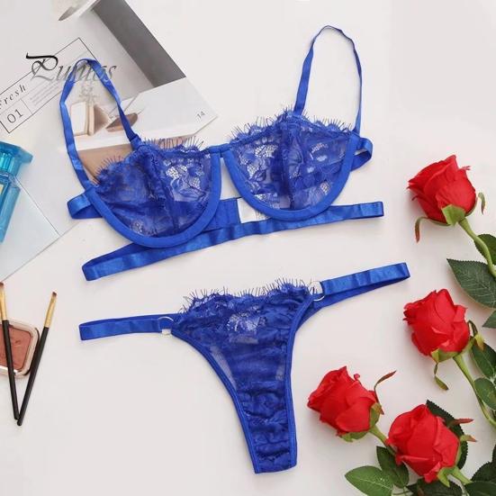 2 Pcs/Set Bra Panties Set See-through Lace Floral Embroidery Solid Color Adjustable Strap Thin High Waist G-string Wedding Night Honeymoon Underwear