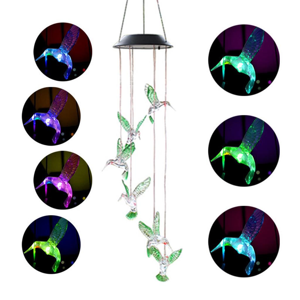 Solar Powered Hummingbird Wind Chime Lights Patio Garden Decoration Colorful Lights Hanging Outdoor