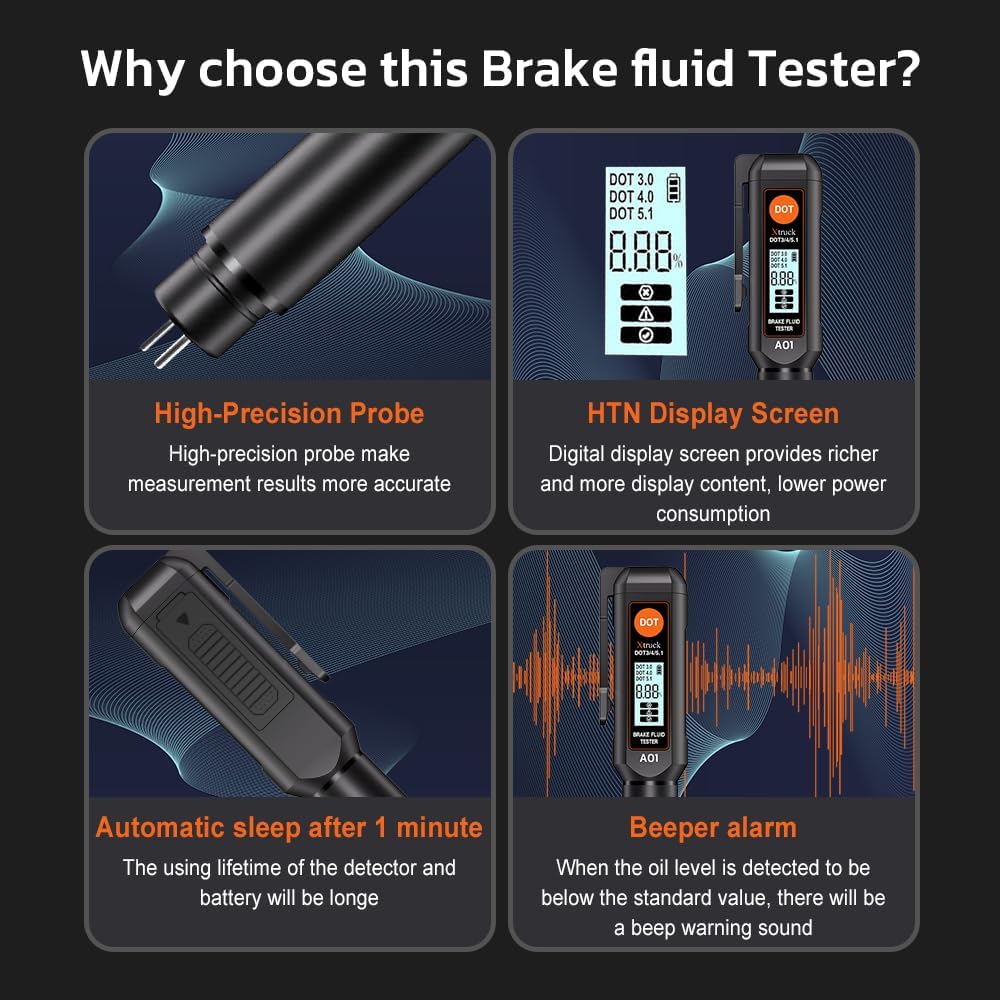 Brake Fluid Tester Pen with Corrosion Resistance Probe, Brake Fluid Moisture Tester with Screen Display, Alarm Oil Fluid Tester Calibrated for DOT3,