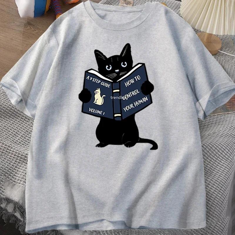 Wie man seine menschliche Lese-Katze kontrolliert T-Shirt Lustig Herren Damen Katzen Grafik T-Shirts Übergroß Kurzarm Kleidung T-Shirt Oberteile