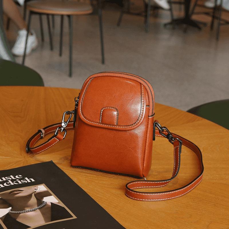 Simple Design Oil Waxing Split Leather Women Phone Bag New Retro Style Single Shoulder Mini Crossbody Bag Fashionable Small Bags