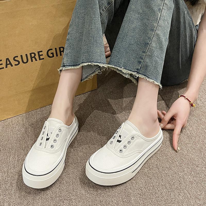 2025 new casual canvas shoes heel-free versatile lazy one-pedal platform ins bag head half slippers women's summer