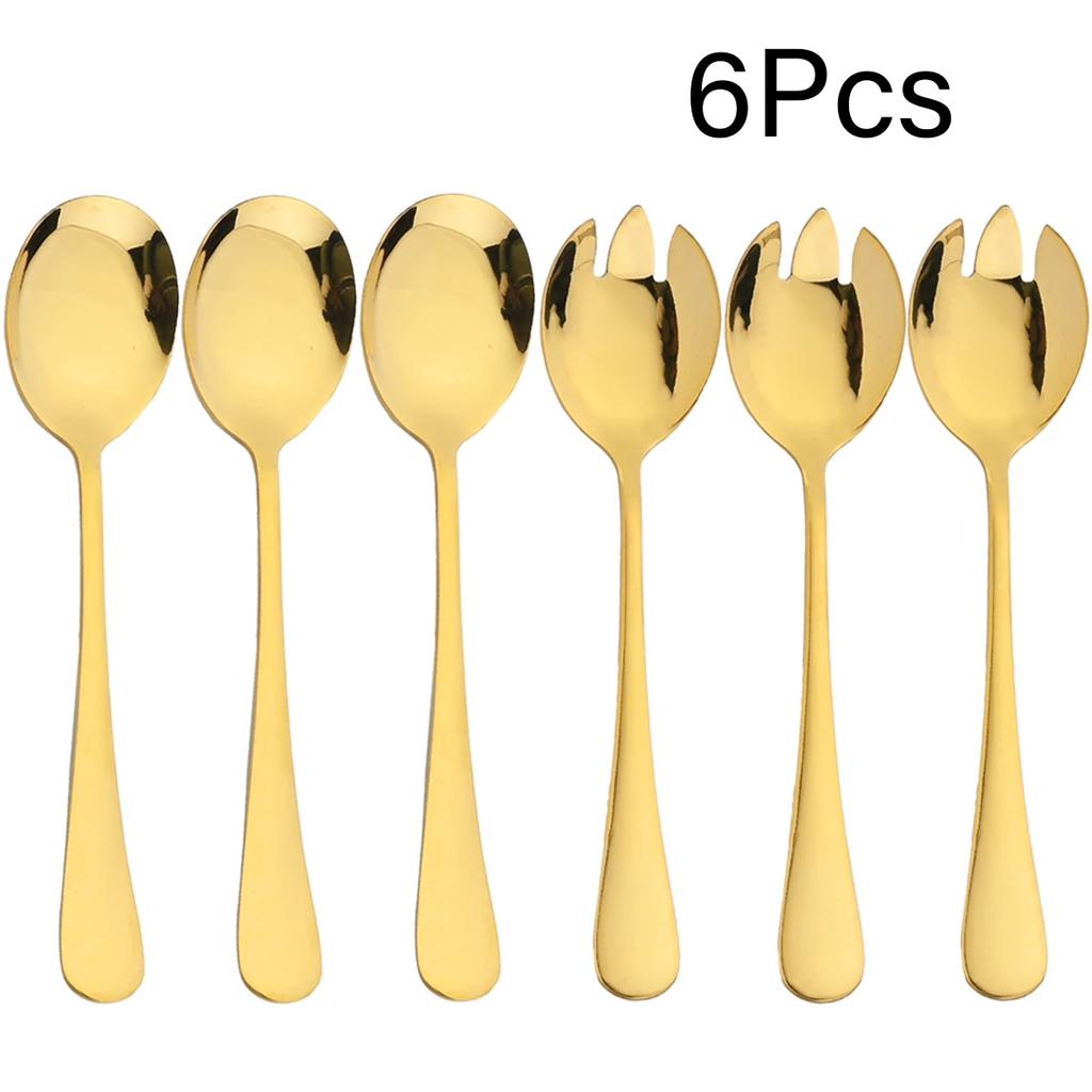 6 Pieces Salad Cutlery Set Stainless Steel Salad Spoon Fork Gold Salad Server European Style Kitchen Tool Accessories