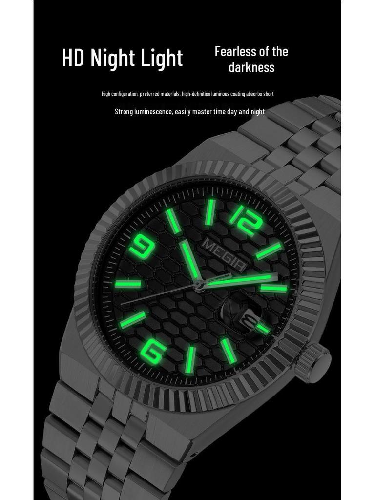 MEGIR Lucifiel Men's Luminous Waterproof Steel Band Quartz Calendar Watch