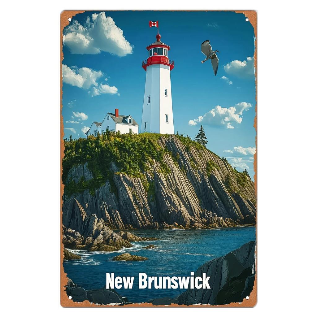 Vintage New Brunswick Leuchtturm Metall Wandkunst Schild - Retro Küstenszene Dekor für Zuhause, Büro, Bar oder Geschenk, Rustikales Eisen