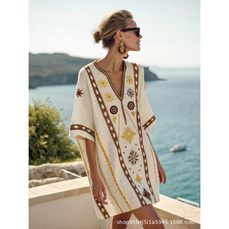 2026 women's V-neck dress seaside vacation 3D printing loose skirt beach