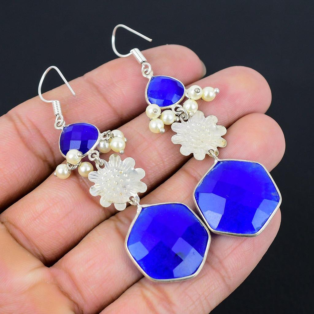 925 Silver Hexagon Blue Sapphire Stone Engagement Boho Dangling Earrings Jewelry