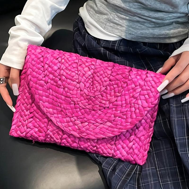 Corn Husk Woven Handbag for Women, Natural Straw Clutch Purse, Summer Vacation Minimalist Shoulder Bag,Solid Color Eco-Friendly