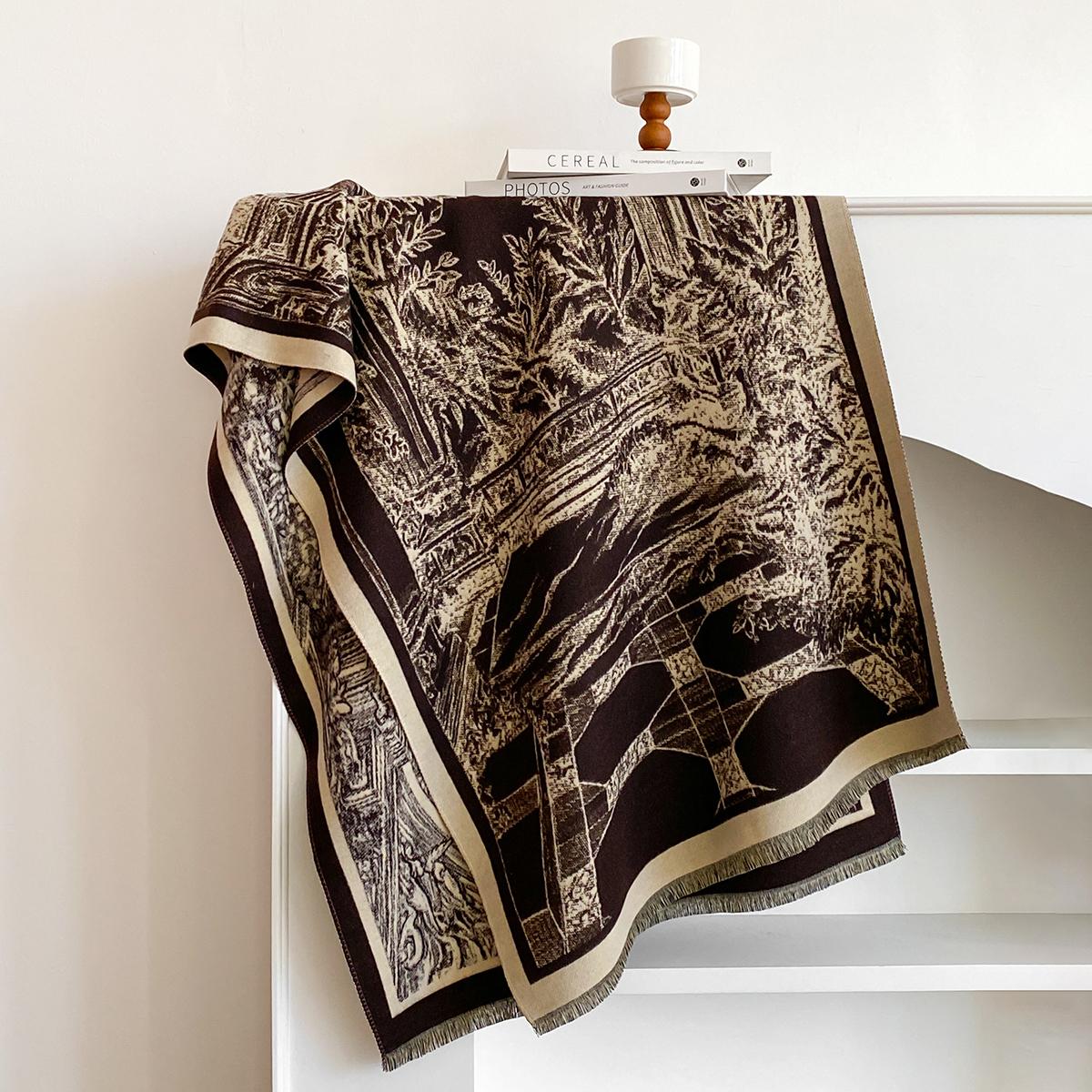 

Brand Elegance Two-Sided Print Scarf Soft Warm Fringe Pashmina Shawl Autumn and Winter Outdoor Coldproof Windproof Blanket