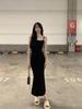 Women's Black Spaghetti Strap Bodycon Mermaid Midi Dress