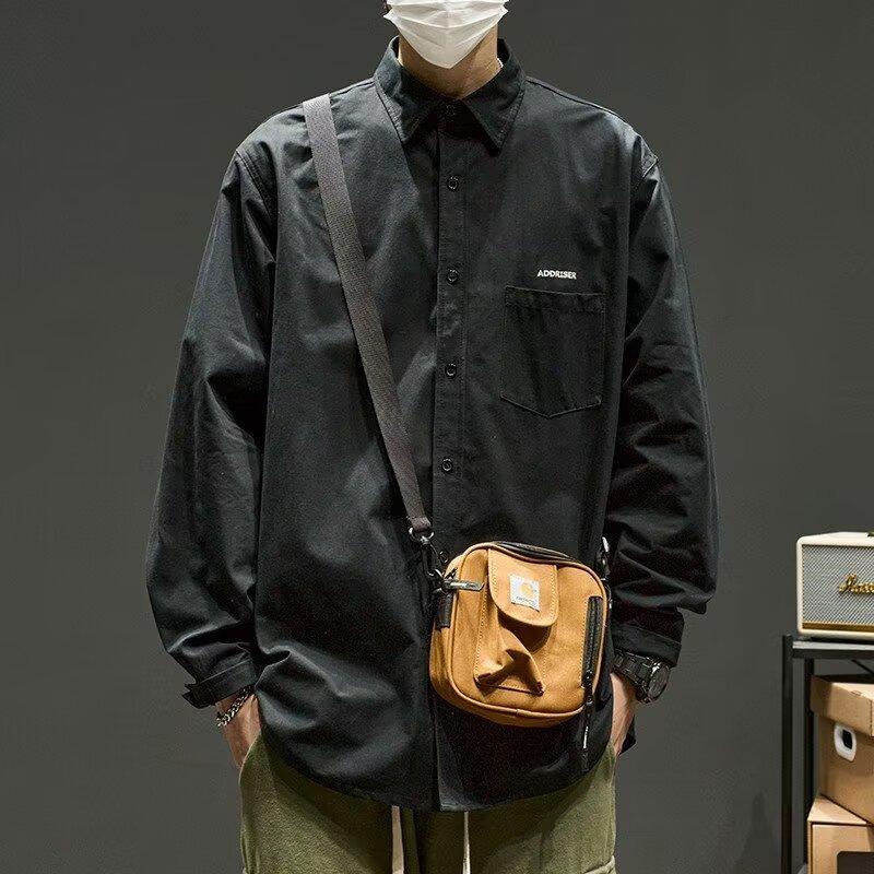 Shirt Men's Long-sleeved Spring and Autumn Simple Letters Senior Sense of Embroidery Solid Color Shirt Versatile Loose Work Cotton Jacket