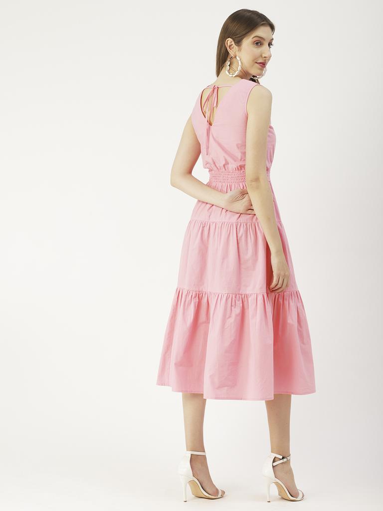 Moomaya Solid Cotton Sleeveless Dress, V-Neck Smocked Waist Tiered Midi