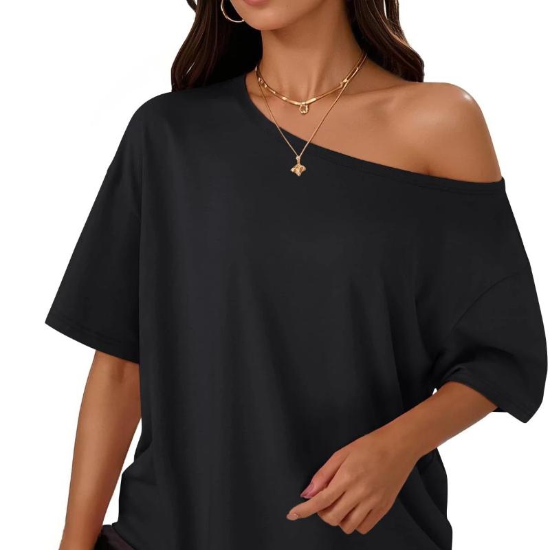 

Ladies Off Shoulder Top Loose T-shirt Short Sleeved T-shirt 2026 Summer Casual Spring Fashion Clothing XXL