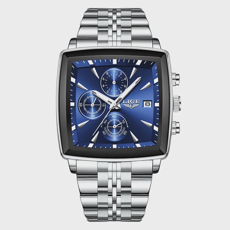 

Top Brand Luxury Mens Watches Fashion Military Square Chronograph Quartz Wristwatches Men Sports Waterproof Watch синій/срібний
