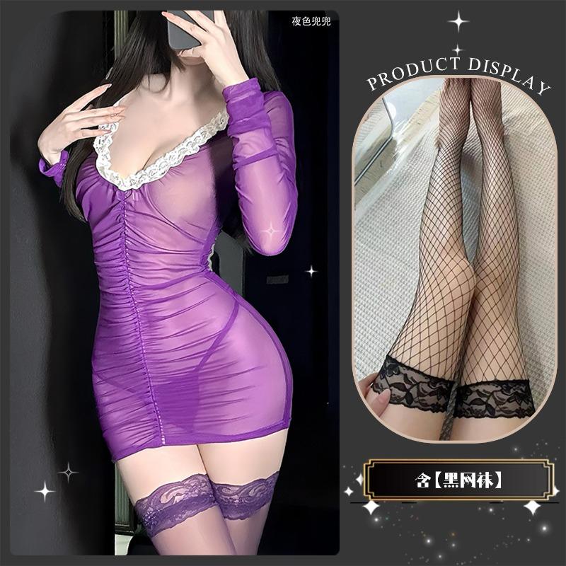 Sexy underwear female sexy deep v perspective lace lace celebrity hip skirt pajama set perspective