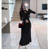 Korean Fashion Autumn Winter Women Sweater Dress Red Black Khaki Hollow Out Knitting Dress Knitted Flare Sleeve Warm Feminine Dress