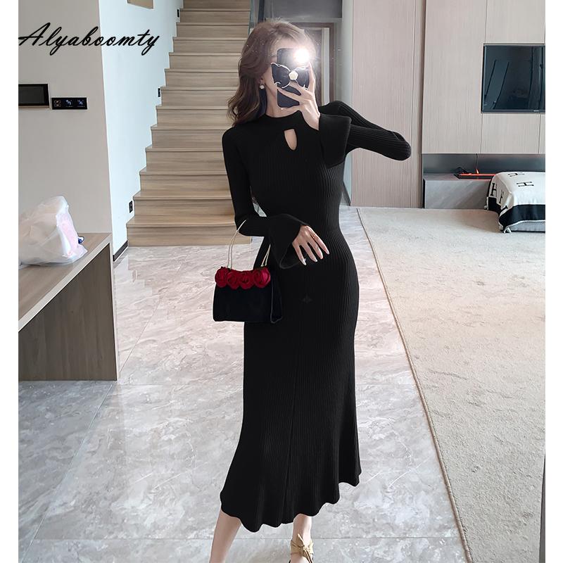 Korean Fashion Autumn Winter Women Sweater Dress Red Black Khaki Hollow Out Knitting Dress Knitted Flare Sleeve Warm Feminine Dress