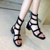 Women's Sandals Roman Style with Medium Heels Black Ladies Shoes Comfortable and Elegant Korea Summer 2025 Sales Daily Luxury