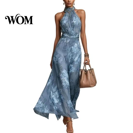 Light Fabric Dress Floral Chiffon for Women, Halter Sleeveless Ruched Maxi Casual Loose Fit Dress, Turtle Neck Wedding Guest Cocktail Evening