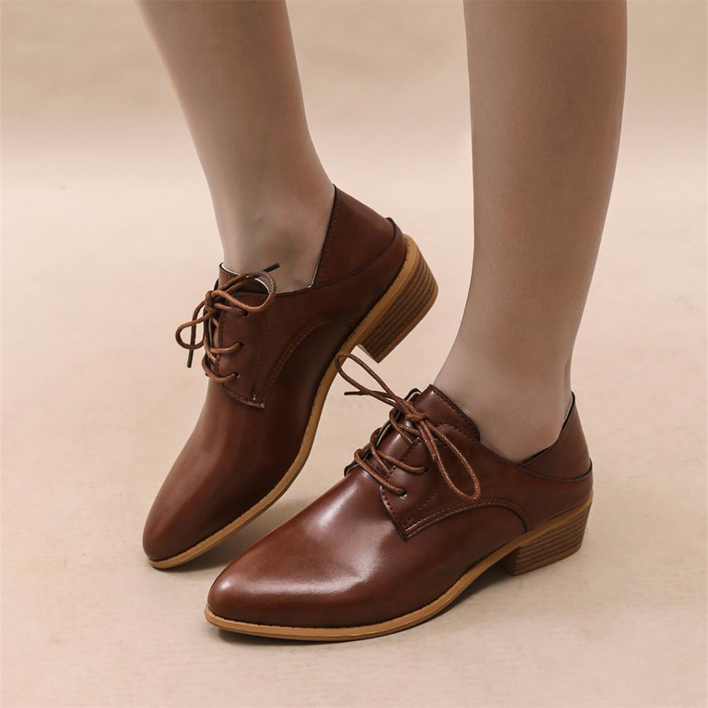 Plus Size Women's Shoes 2025 Spring/Fall New Arrival British Vintage Style Pointed Toe Lace-Up Chunky Heel Low-Top Flats