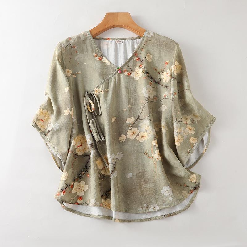 Chinese Style Tencel Cotton Short-Sleeved Top: Soft, Comfortable, and Breathable Pajamas for Middle-Aged and Elderly Women