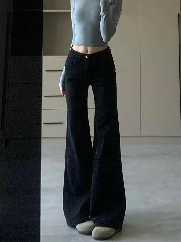 Women's Black Micro-Flare Low-Waist Stretch Jeans - Spring/Autumn 2025 Style, Non-Sticking, Wide-Leg.