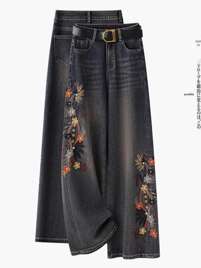 Women's Retro Embroidered Floral Wide-Leg Jeans, Autumn/Winter 2025 Collection
