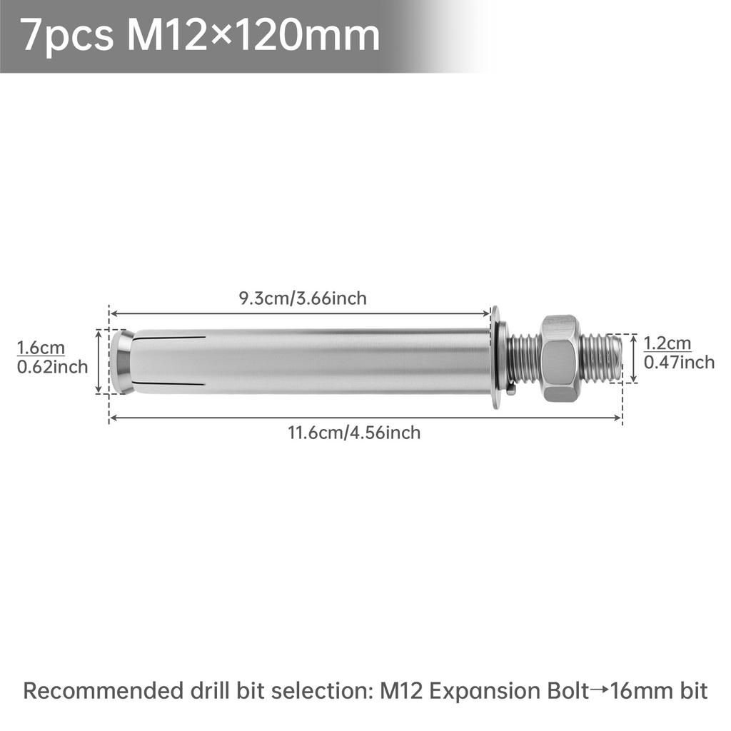 7 Stück M12x120mm 304 Edelstahl Schwerlast-Expansionsbolzen - Sechskopf Betonanker-Set für Wand/Mauerwerk, Korrosionsbeständig Außen