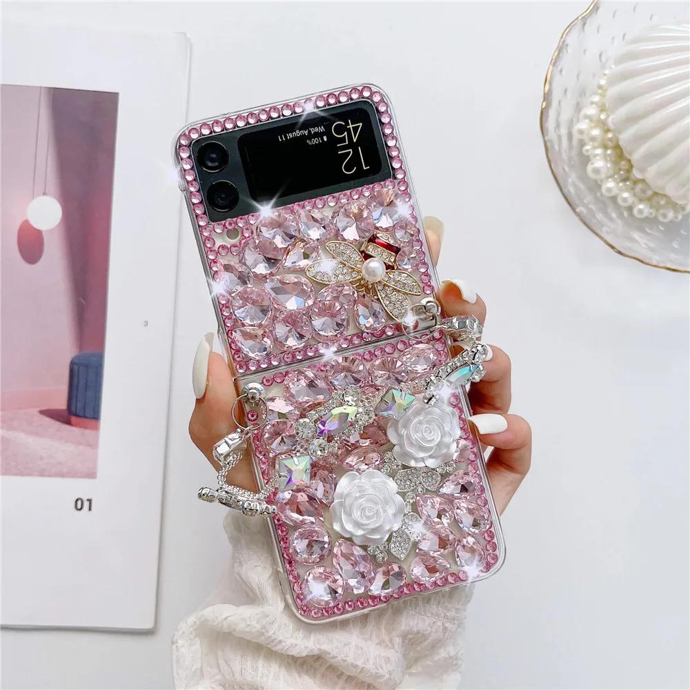 Phone Case Cover with Metal Hand Chain, Bling Diamond Leopard Head, Luxury Fashion, for Samsung Galaxy Z Flip 4 3 Z Flip 5