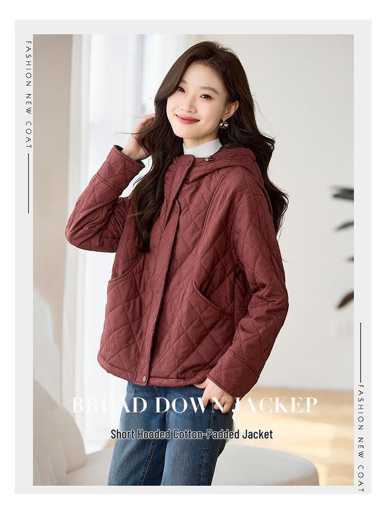 Women's 2024 Diamond Quilted Cotton Hooded Jacket - Autumn/Winter Short Fashion Plaid Patchwork Lightweight Coat