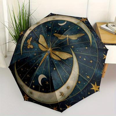 Celestial Dragonfly Moon Stars Round Wall ArtDecorUmbrella, Portable 3-Fold Compact Umbrella for Men & Women Gift