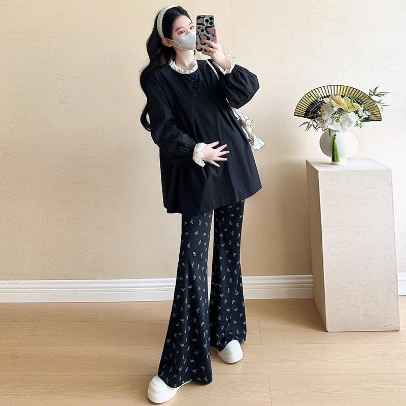 2026 Spring Maternity Doll Collar Lace Patchwork Two-Piece Set M