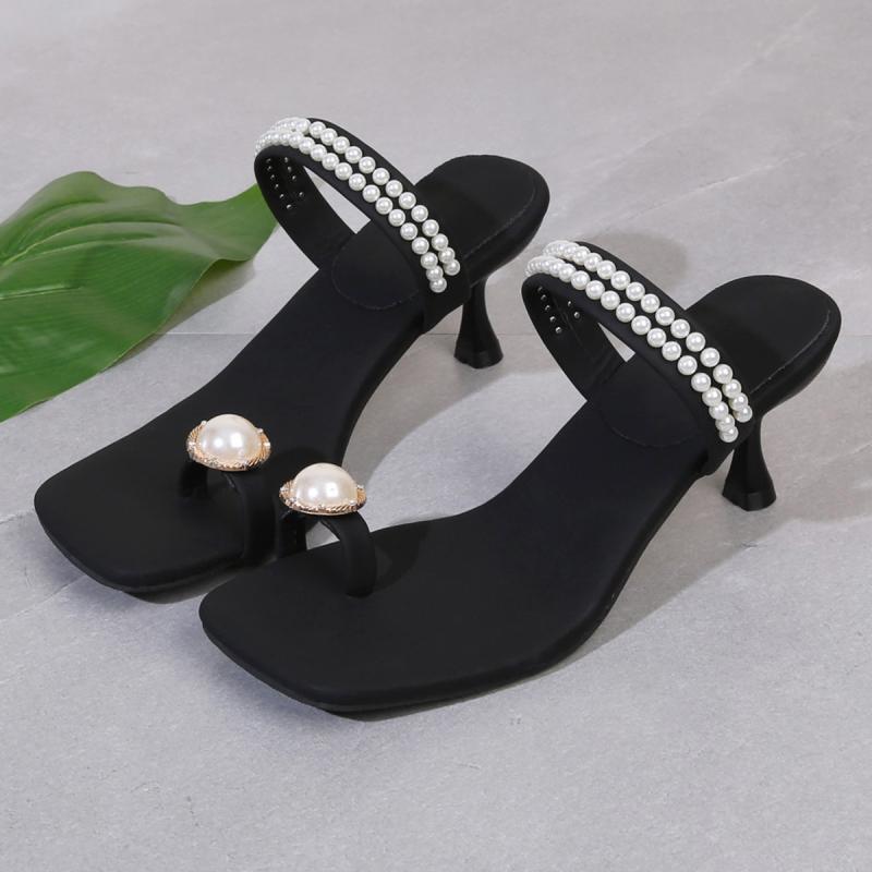 Fashion Luxury Pearl Strap Clip Toe Slippers Square Toe High Heels Slippers Women 2025 Summer Sexy Party Dress Sandals Plus Size 42