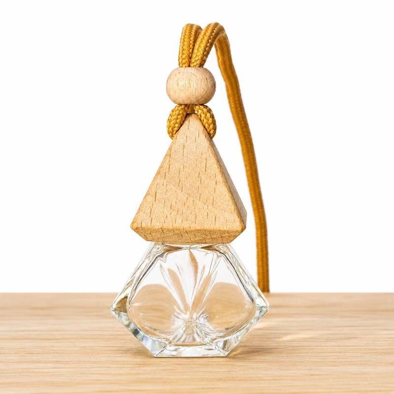 Empty Hanging Car Diffuser Bottles with Natural Wooden Lids Clear Glass Reusable for Homemade Car Air Fresheners
