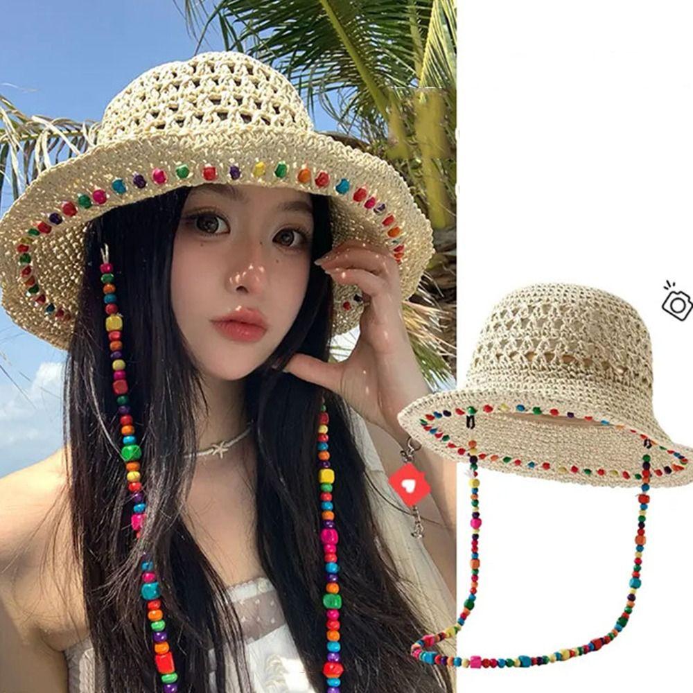 Elegant Lace Brim Sunshade Cap Breathable Colorful Straw Hat Summer Sun Protection Cap  Beach