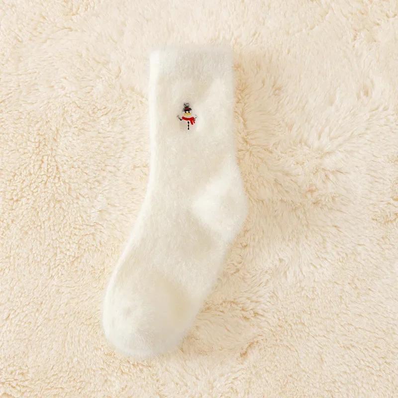 5pairs White Mink Fur Socks Soft Warm Winter Socks Women Christmas Santa Reindeer Snowman Cozy Fuzzy Plush Boot Home Sockings