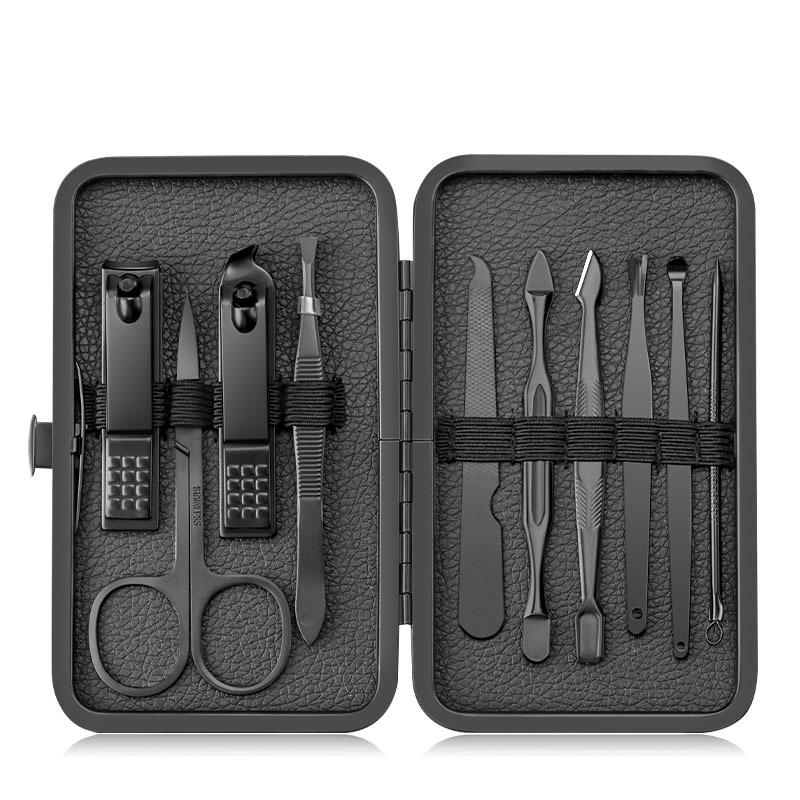 Black Stainless Steel Nail Clipper Set with Dead Skin Nippers, Pedicure Knife, and Blackhead Needle.