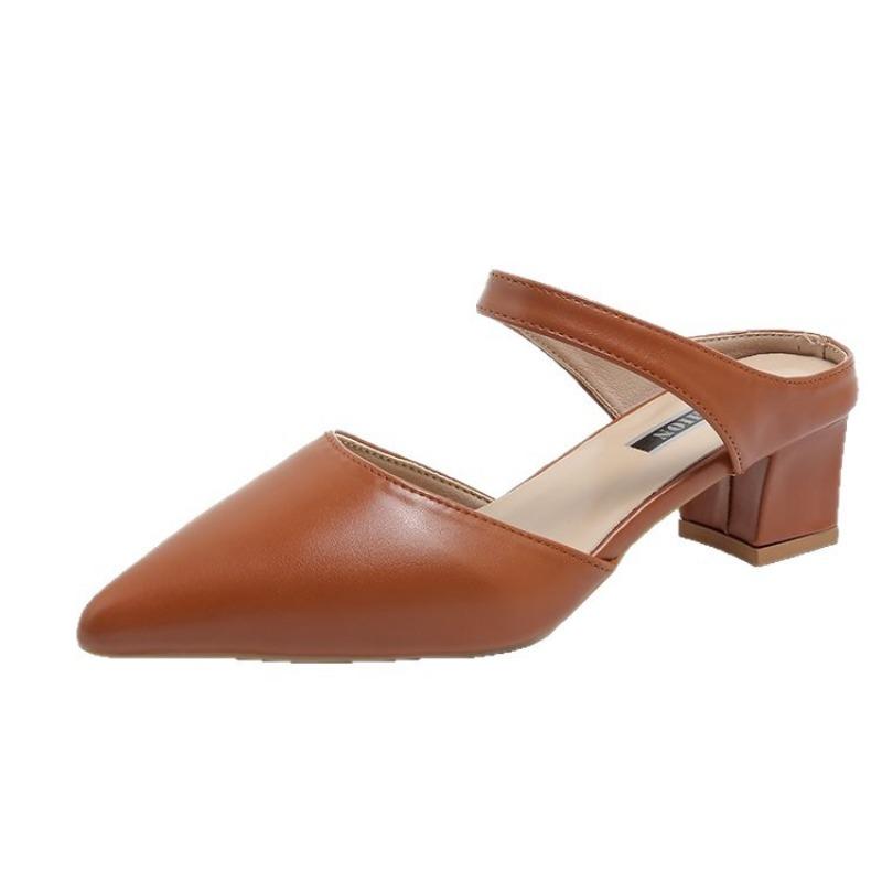 Wearing Cool Slippers Outside, Women's Summer New Baotou Half Slippers, Medium Heel Pointed Thick Heel Sandals