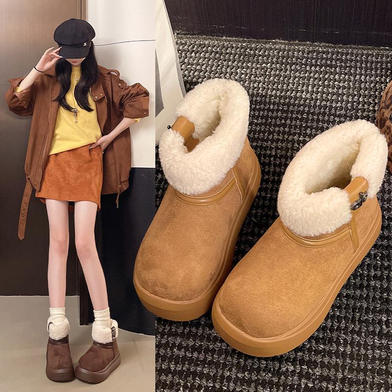 Women's hairy mouth elastic thick sole winter fur one warm cold padded snow boots non-slip wear casual sports short cotton boots Le Fu shoes