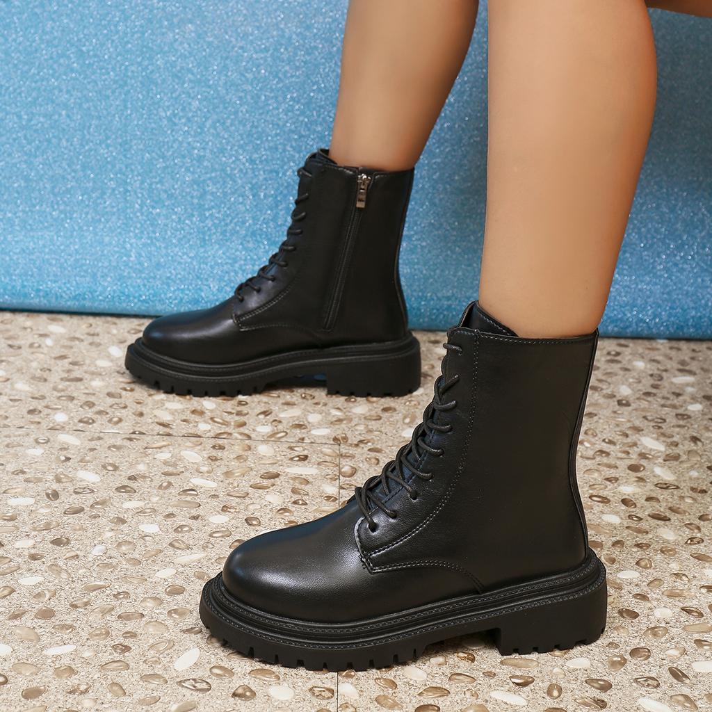 Fashionable Newstyle Comfortable Wear-Resistant Anti Slip Women'S Boots Winter Solid Color Elegant Lace Up Casual Mid-Tube Boots