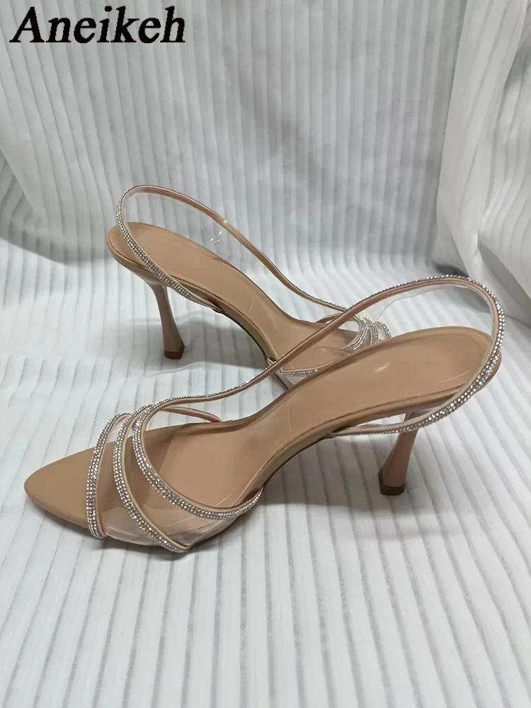Women Summer Rhinestone Slingback Pumps Office Lady Transparent Heeled Sandals Elegant Pointed Toe Female Sexy High Heels