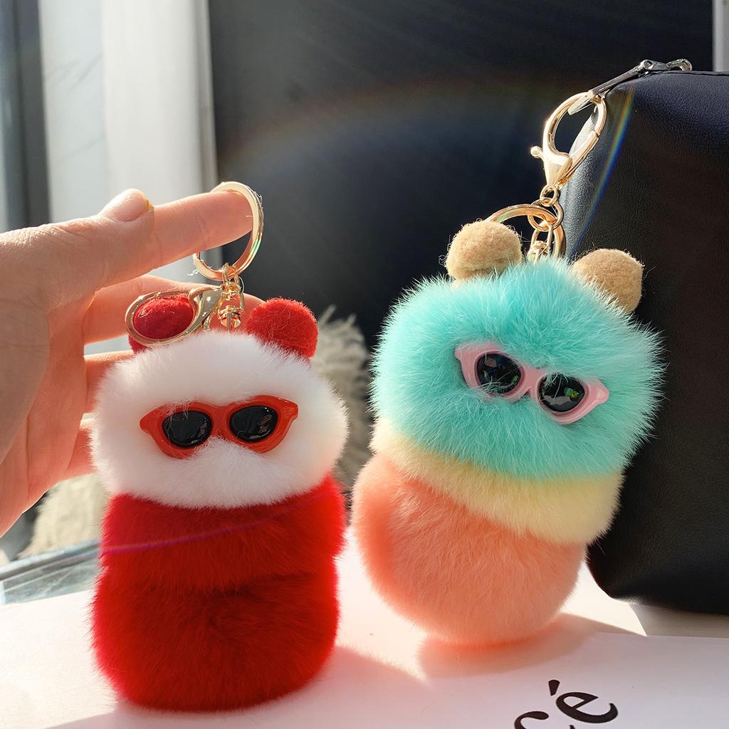 Niedliche bunte Plüschraupen Schlüsselanhänger mit Sonnenbrille Weicher Kaninchenfell Tier Pompon Anhänger Mit Schlüsselringen Für Damen Handtasche