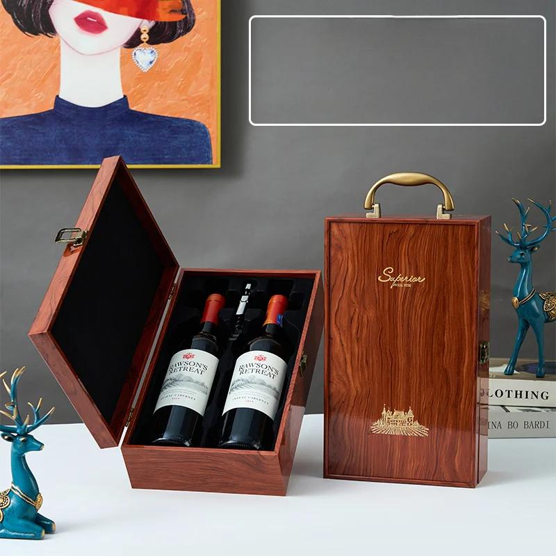 Single/Double Leather Box Wine Bottle Box Luxury Handle Wooden Organizer Gift Wood Wine Holder for 2 Red Wine Packaging