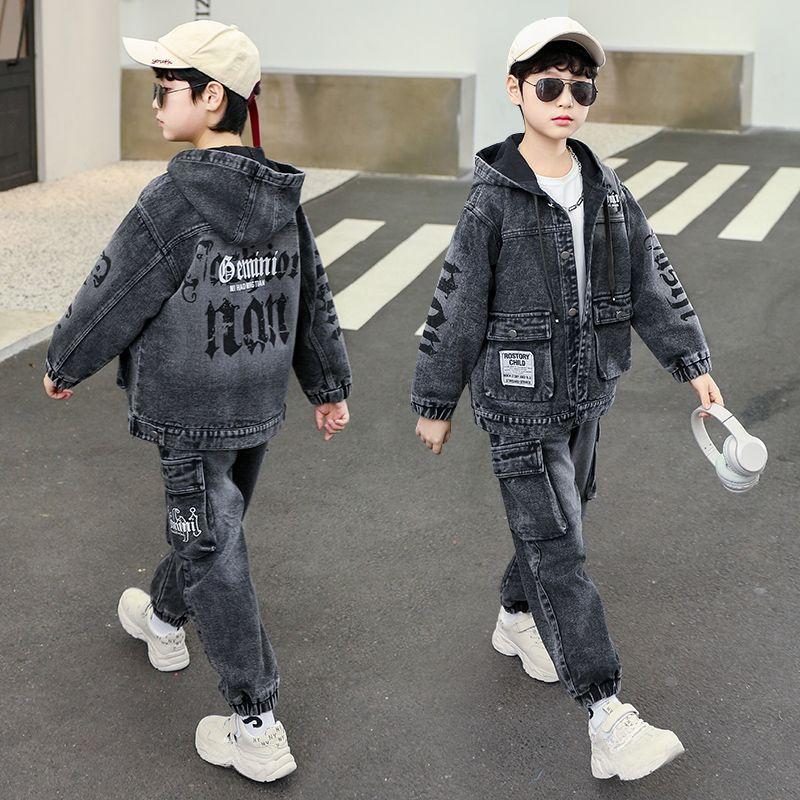 

Комплект джинсов для мальчиков на весну и осень, джинсовое пальто для мальчиков, комплект из двух джинсов 160 черный серый