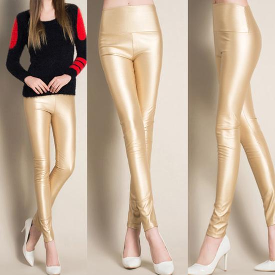 Women Sexy Solid Color Faux Leather Leggings High Waist Ultra Thin Pencil Pants