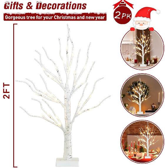 PEIDUO Christmas Decorations Indoor, 2 FT Birch Tree with LED Lights, Fairy Light Spirit Tree for Christmas Decor, Warm White Lighted Birch Trees for