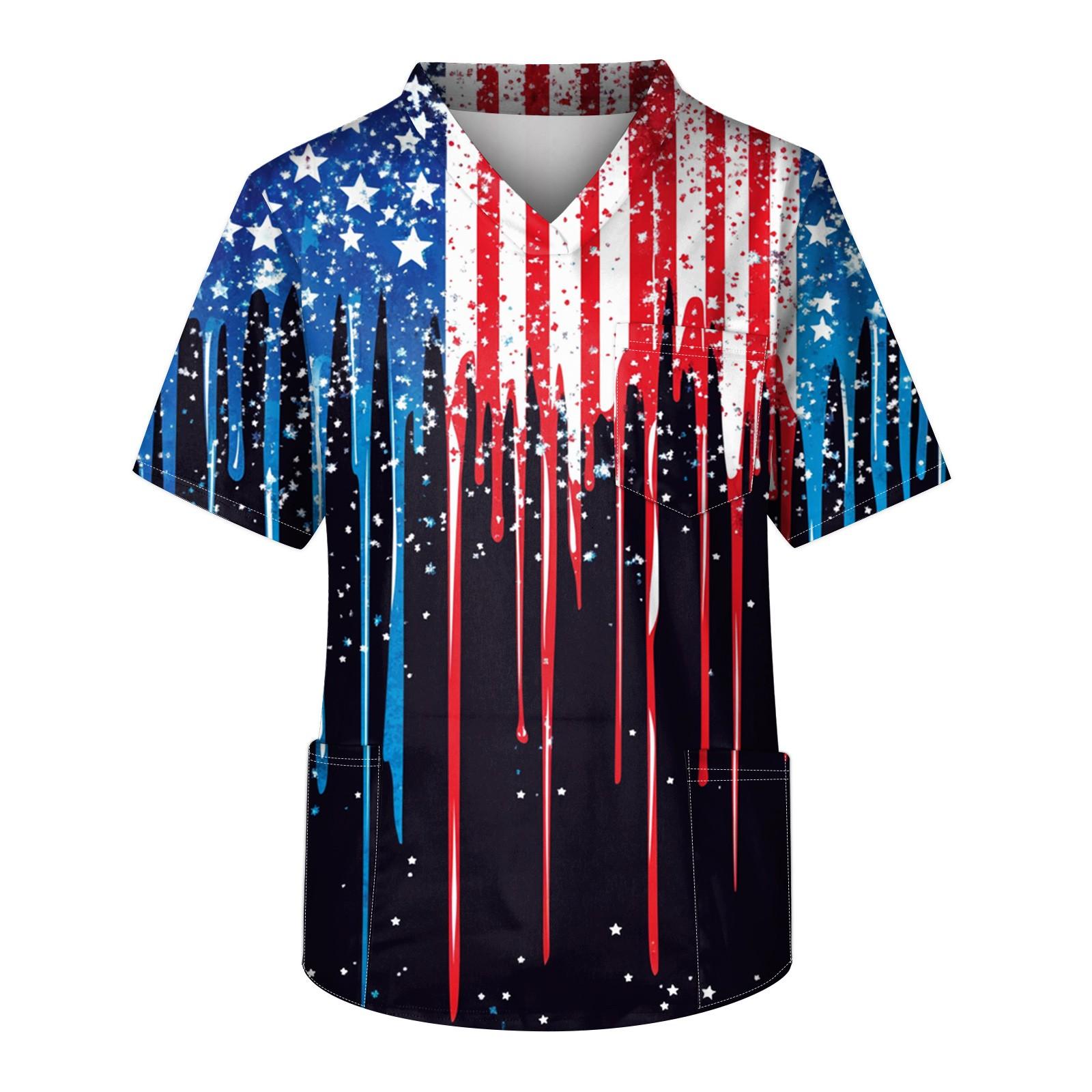 Men s Short Sleeve V-Neck Print Chest Pocket Care Top L