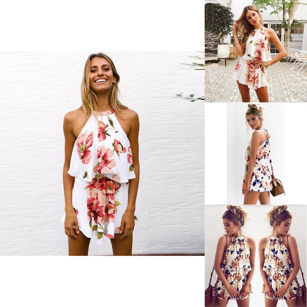 Piece Womens 2 Holiday Mini Playsuits Ladies Beach Summer Floral Shorts Print