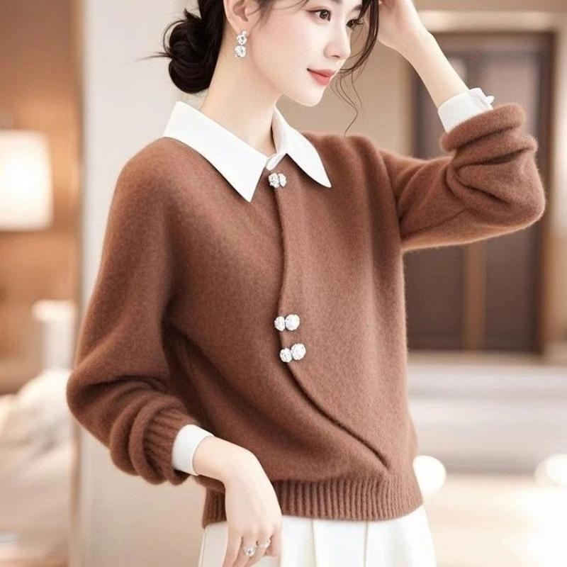 Lazy tröja i kinesisk stil, pullover, färgkontrast, slag, ledig, elegant topp